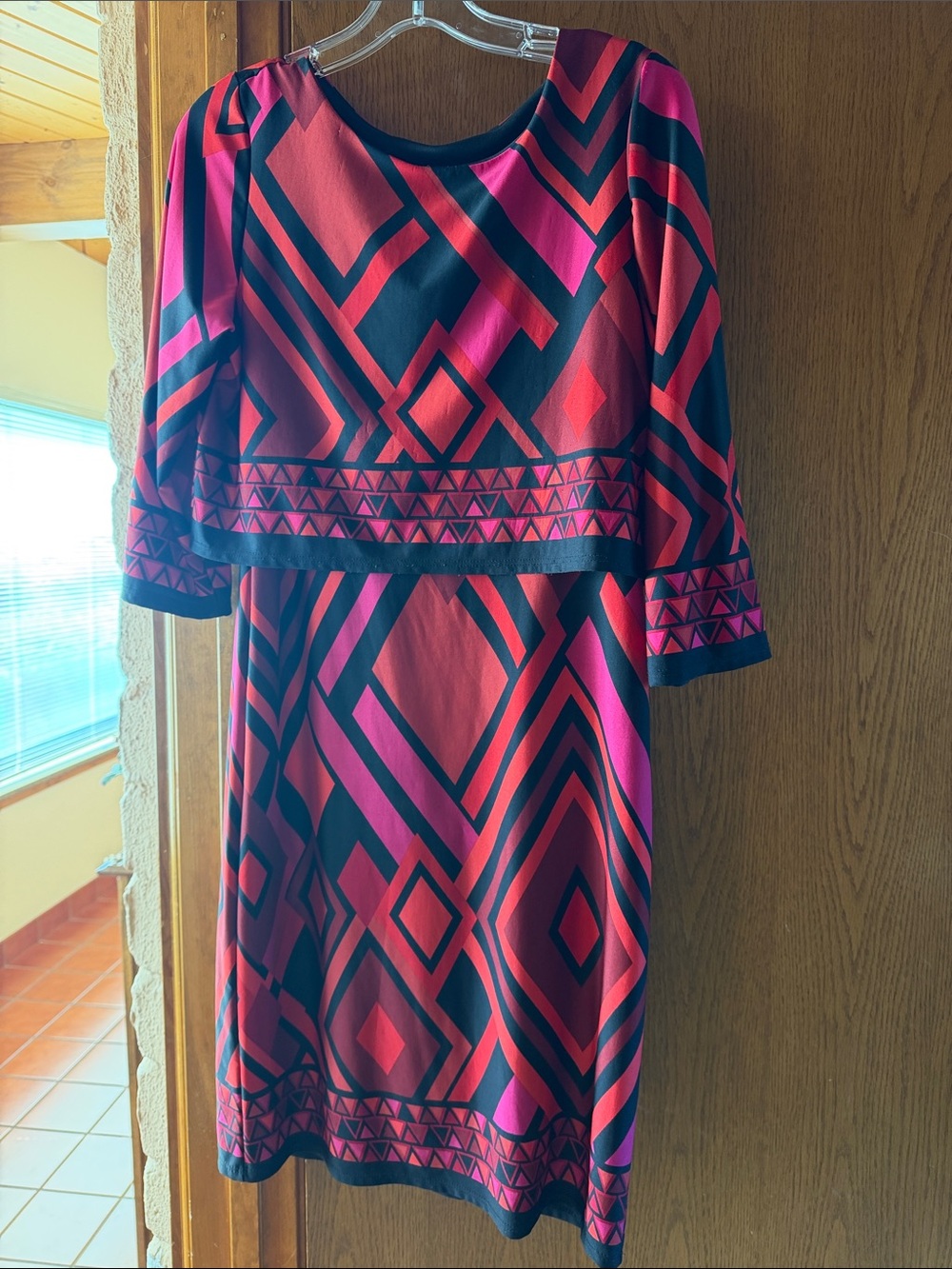 Tiana B. Long-Sleeve Geometric Midi Dress in Pink and Black